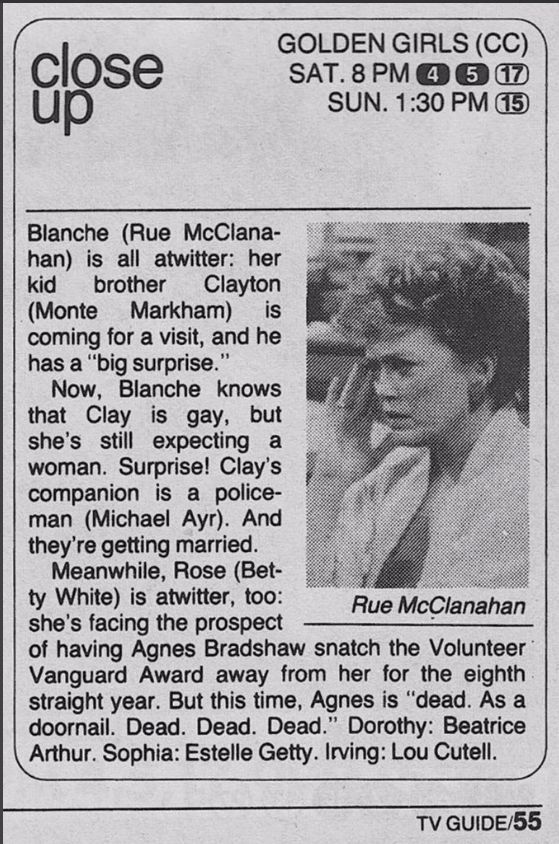 goldengirlsnews's tweet photo. #OnThisDay January 12, 1991. #GoldenGirls aired S6E14 "Sister of the #Bride" Blanche's #gay brother #MonteMarkham is getting married - can she accept it? #RueMcClanahan #EstelleGetty #BettyWhite #BeaArthur #wbw #GayMarriage 
https://t.co/Id8MoyKntj https://t.co/6mztCDuRKM