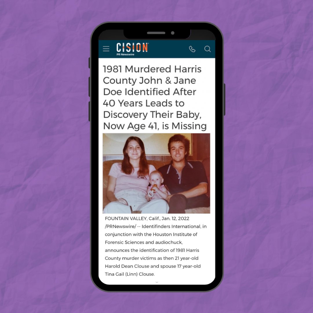 CrimeJunkiePod's tweet image. This was possible because of YOU! With your support, we were able to fund the work of @Identifinders and HCIFS that identified Harold Dean Clouse and Tina Gail Clouse after over 40 years. Thank you for continuing to help us make a meaningful impact in the true crime space. 💜