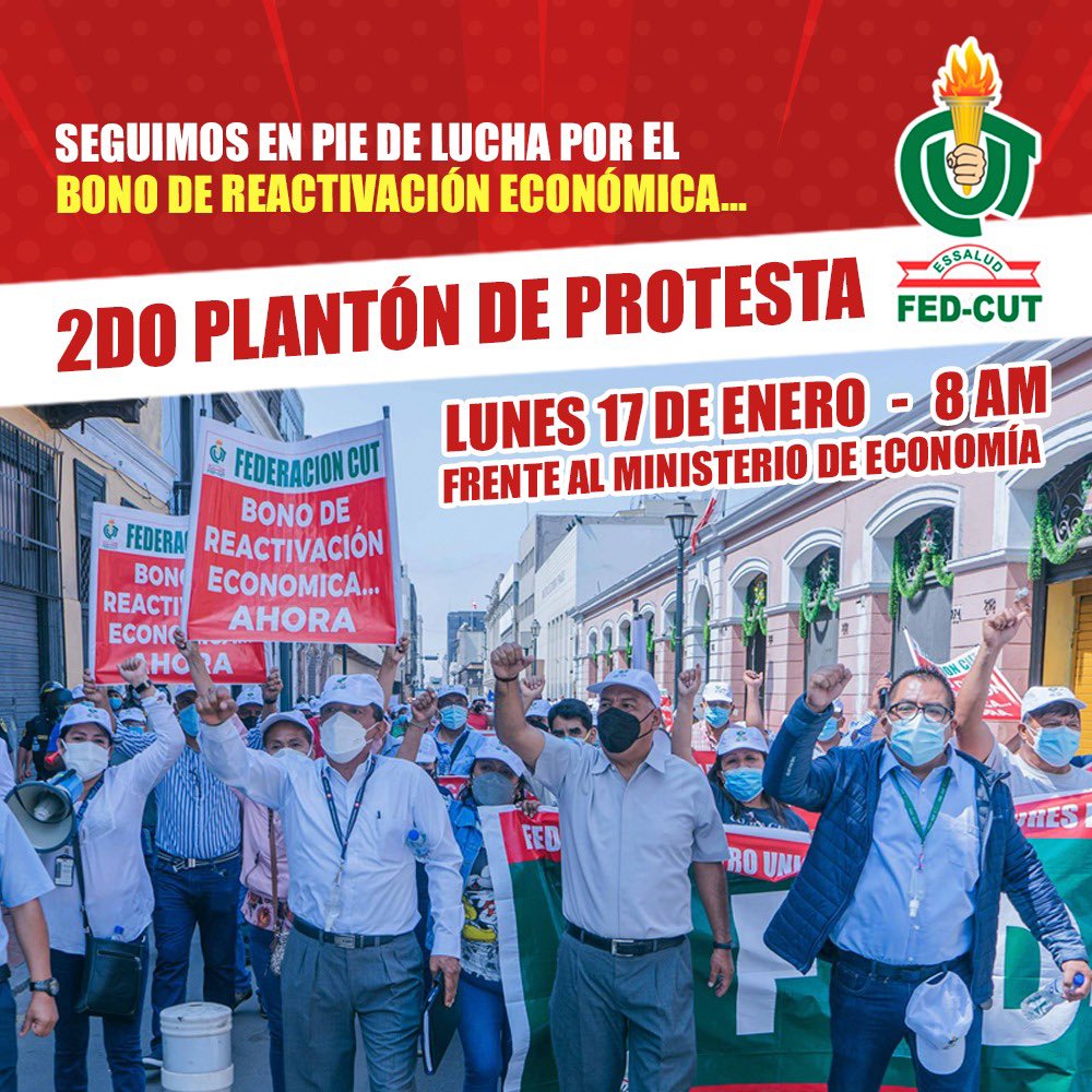 FedCut's tweet photo. Compañeros y compañeras, seguimos en la lucha 💪
No podemos permitir que el MEF excluya a los trabajadores de EsSalud del Bono de Reactivación Económica.
📢 Nuevamente los convocamos al plantón frente al Ministerio de Economía ✊

🗓 Lunes 17
📍 Frente al MEF
🕗 8 am https://t.co/MxT5OwMAr0