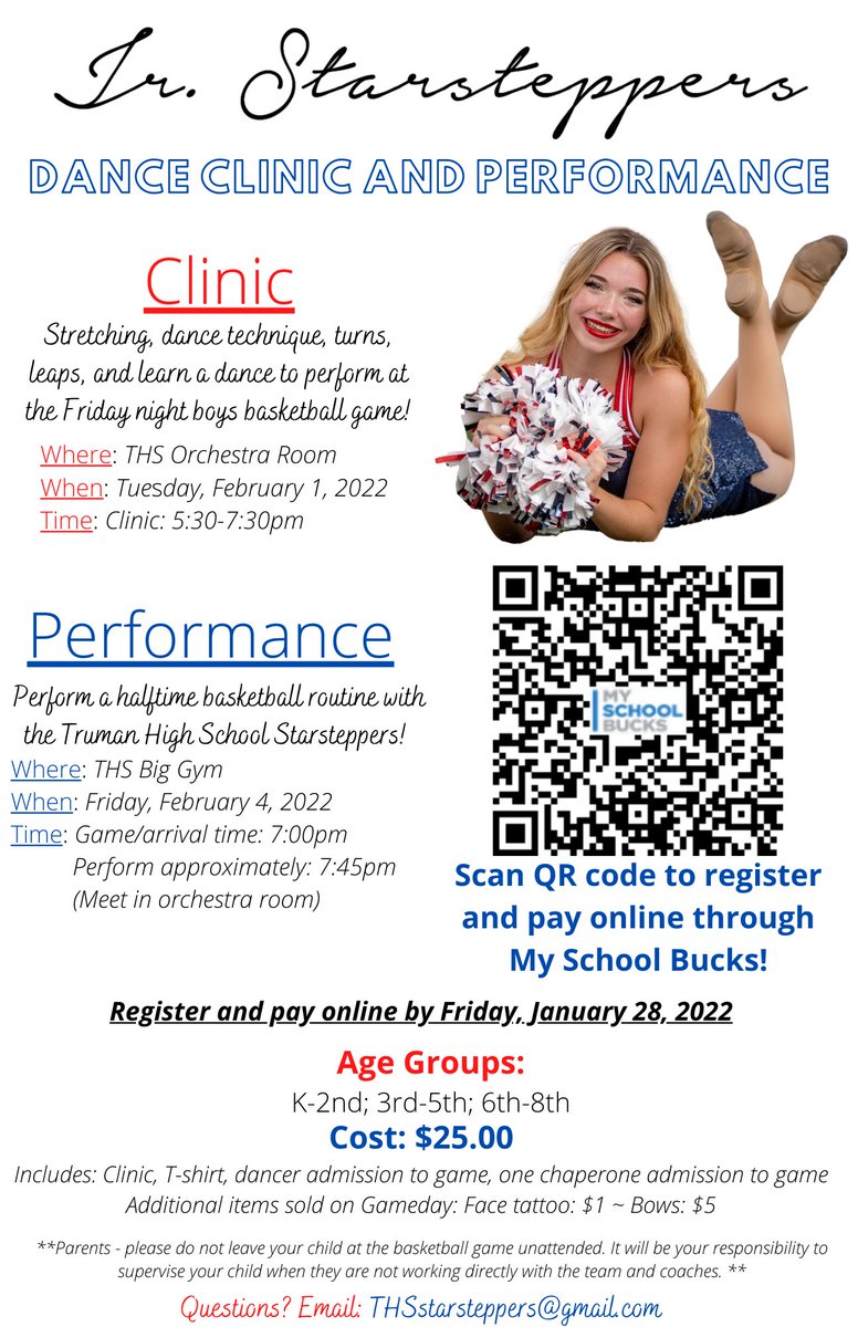 THSStarsteppers's tweet photo. Register TODAY for our Jr. Starsteppers Dance Clinic &amp; Performance! Open to all K-8th graders. Clinic date is 2/1 and performance 2/4. Register online by 1/28/22. https://t.co/Vxvx7rVfqk https://t.co/yOKqQwiaCc