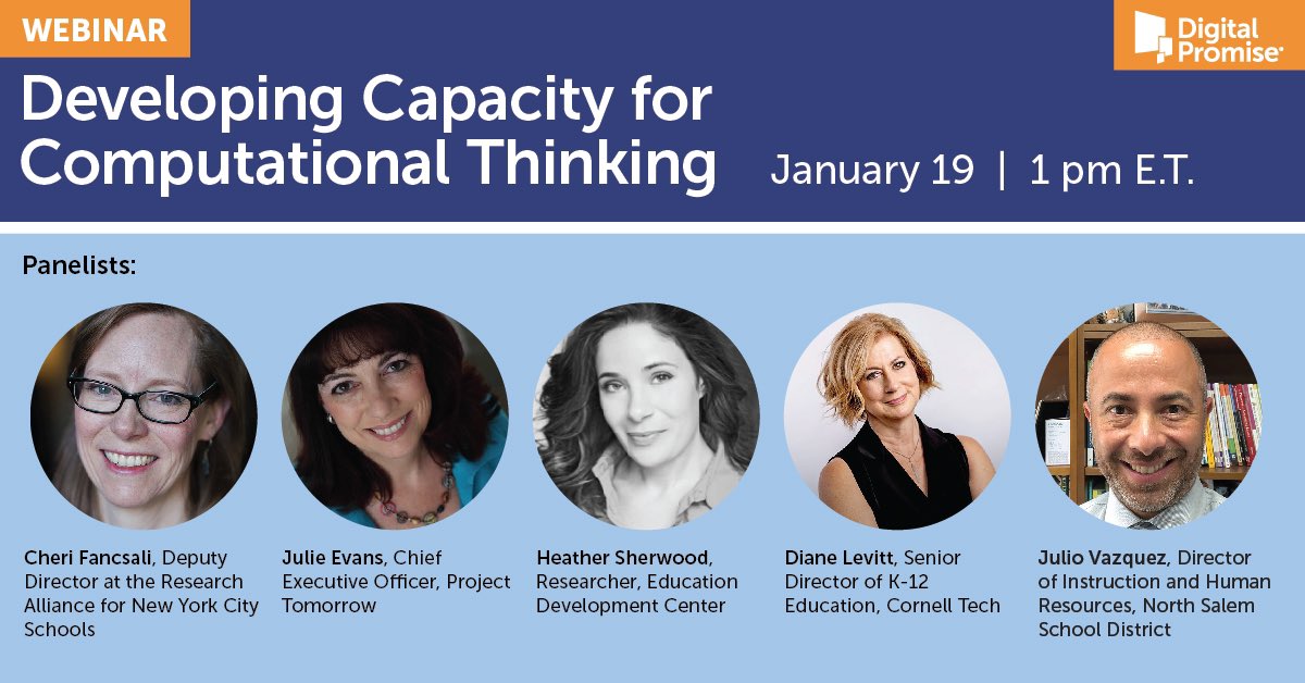 MsHeathrs's tweet image. Integrating #ComputationalThinking across K-12 needs support from educators, admin, and educational leaders. Join our webinar on 1/19 to learn how @CheriFancsali @JulieEvans_PT @MsHeathrs @diane_levitt @JCVazquez74 support CT integration in #NYCSchools: zoom.us/webinar/regist…