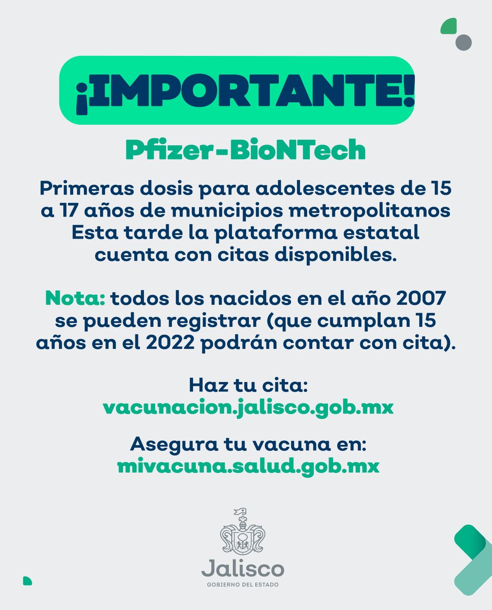 GobiernoJalisco's tweet photo. 💉 Atención, jornadas de vacunación activas en los municipios del AMG para:

✅ Segundas dosis de AstraZeneca para personas que recibieron la primera dosis antes del 22 de noviembre de 2021.

✅ Primeras dosis para adolescentes de 15 a 17 años. https://t.co/qmO4qGhYju