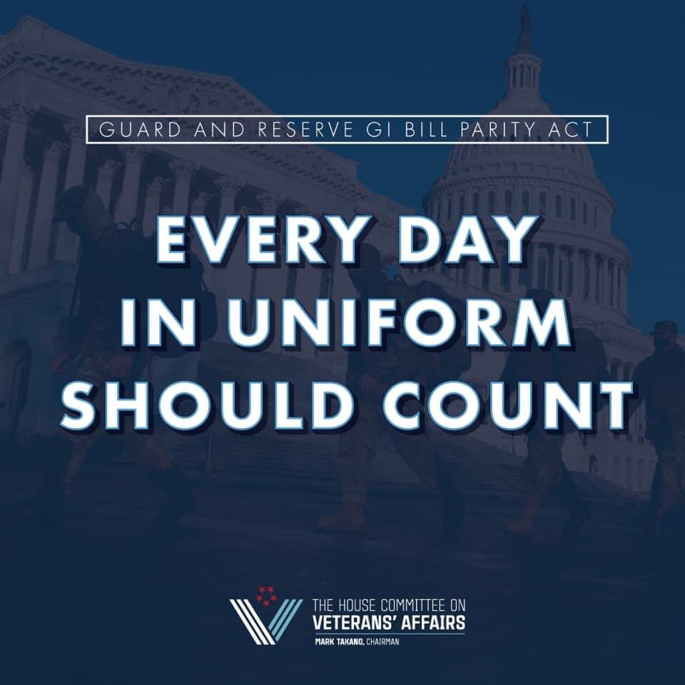 The National Guard has been utilized at unprecedented levels to respond to: natural disasters, the #COVID19 pandemic, unrest, border missions, & Afghan refugee resettlement.

The Guard and Reserve GI Bill Parity Act ensures that #EveryDayInUniformCounts toward GI Bill benefits.