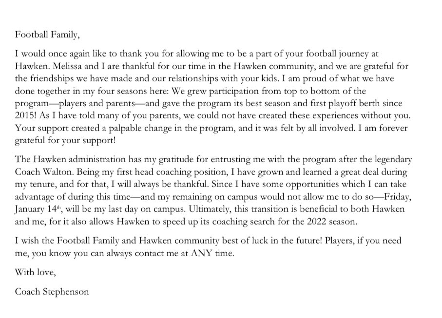 Thank you <a href="/HawkenFootball/">HawkenFootball</a> family! It has been an adventure that I’ll always remember! 🔴⚪️🏈