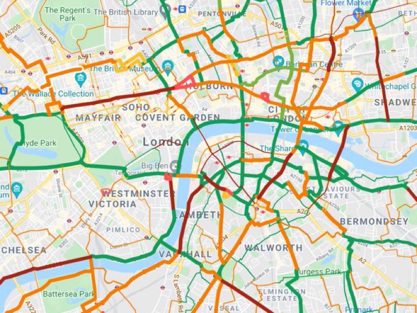 Reminder of up to date 2022 cycle map for London available here with key cycling routes colour coded - 
Green 🟢 very comfortable to cycle
Orange 🟠mixed quality
Red 🔴very uncomfortable to cycle, caution

RoutePlanRoll - 2022 London Cycling Comfort Guide google.com/maps/d/u/0/edi…