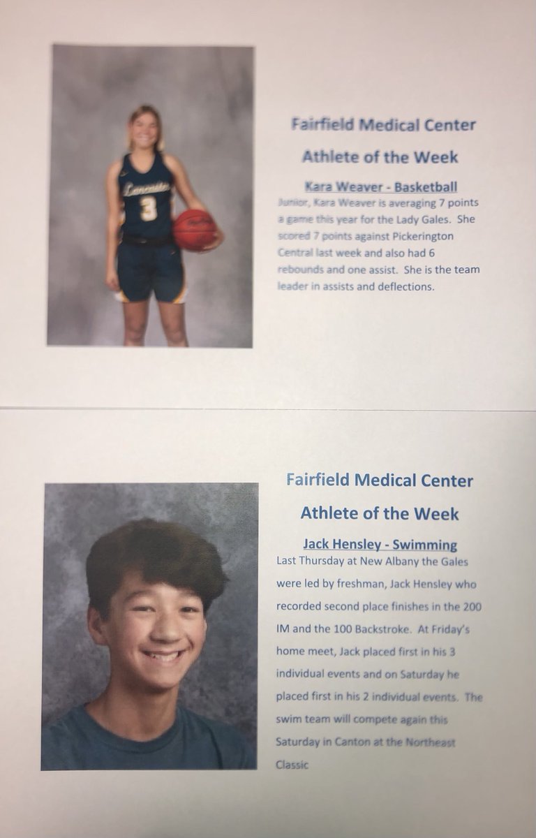 Congratulations Kara and Jack, Fairfield Medical Center Athletes of the Week