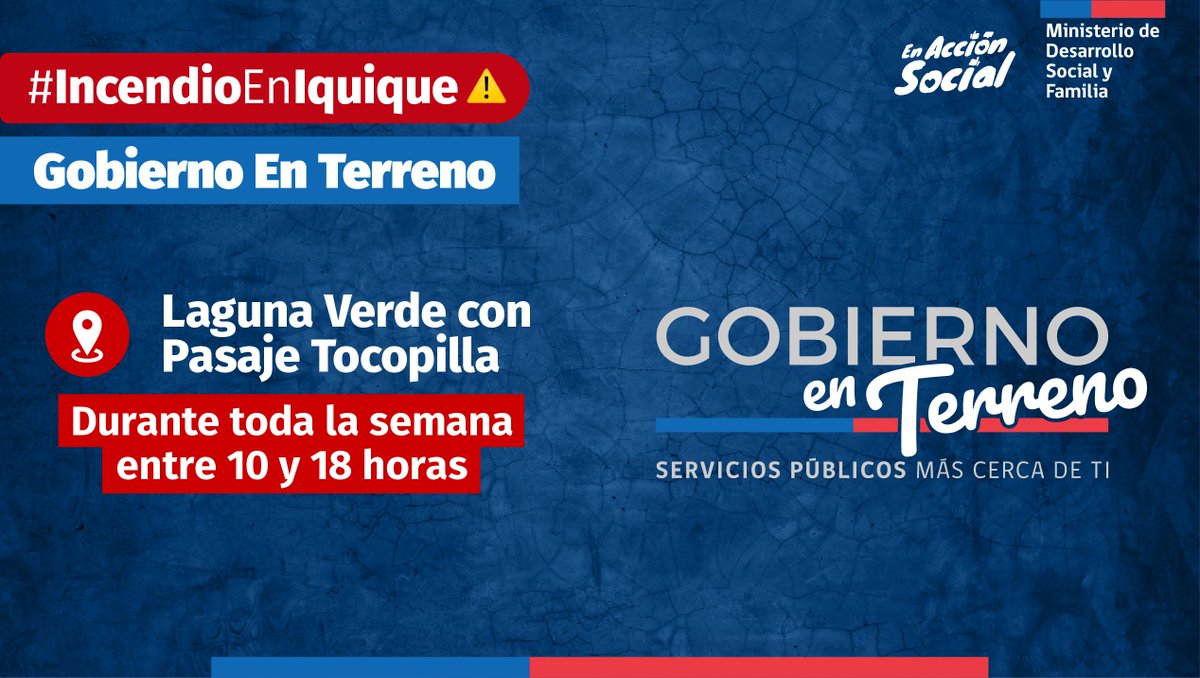 #GOBIERNOENTERRENO EN IQUIQUE🇨🇱 Esta semana las personas afectadas por el incendio en el Campamento Laguna Verde de #Iquique podrán acceder a los trámites de los servicios públicos y la aplicación de la Ficha Básica de Emergencia para acceder a las medidas de apoyo.