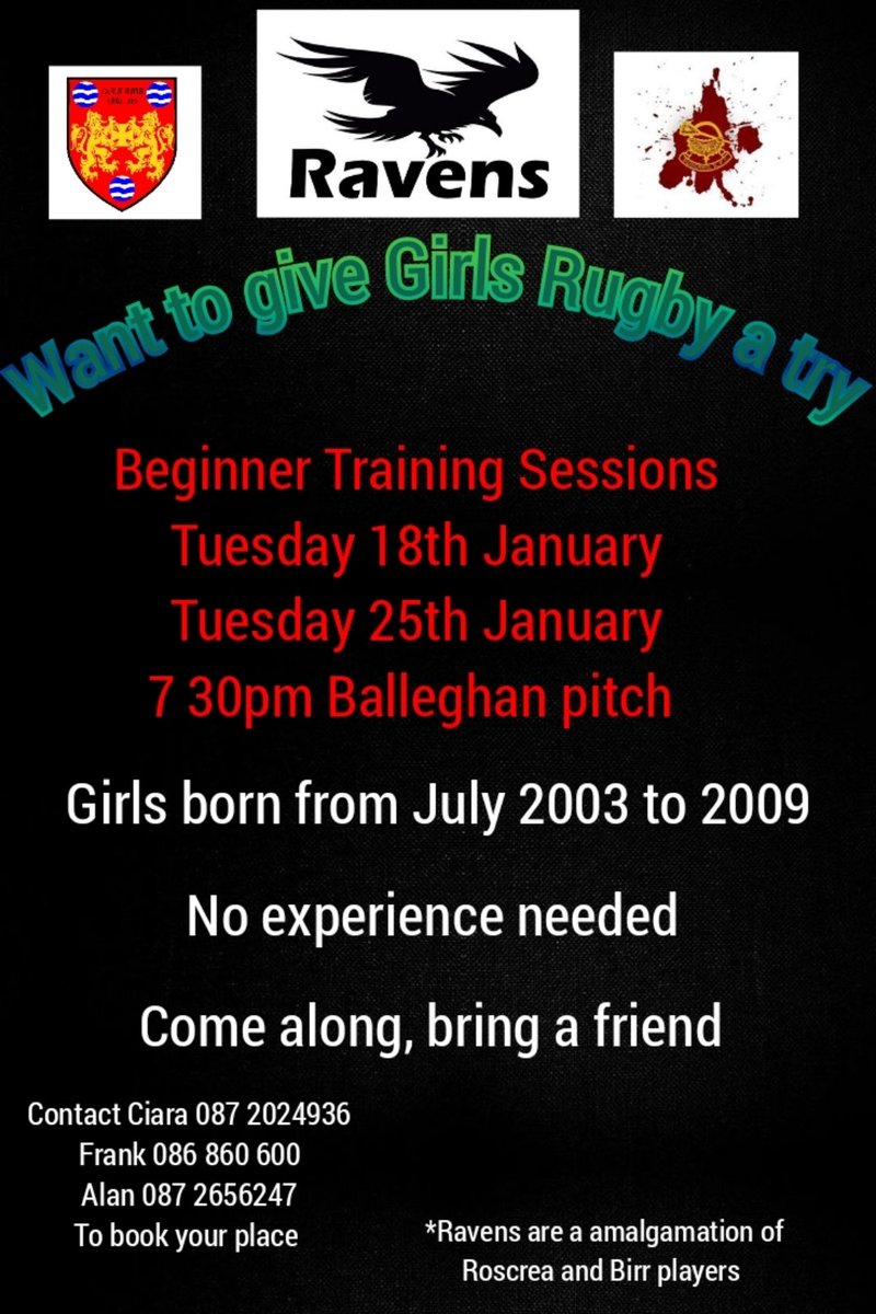 Roscreagirls's tweet photo. 📣📣Are you a girl aged 12 to 18yrs looking for a new sport to try this year why not give rugby a try🏉🏉
Come along to one of our Beginner session we are hosting in Balleghan Pitch Birr this month No experience needed
Details below 😁
#birrrfc #leinsterrugby #ShoulderToShoulder https://t.co/WNECrBh1Wj