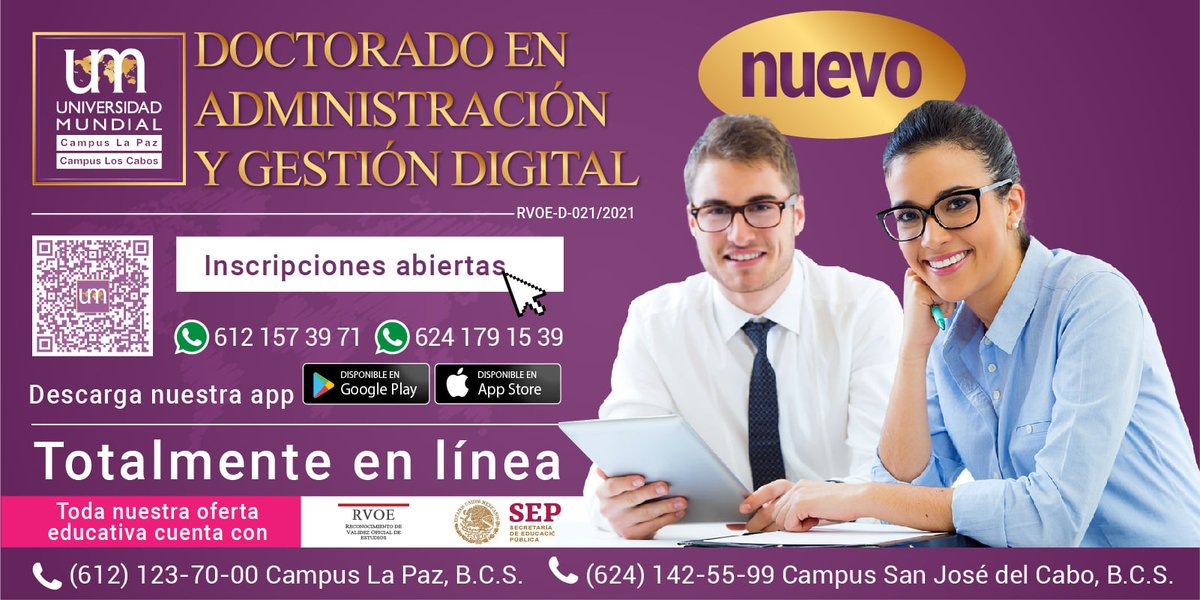 UNIMUNDIALBCS's tweet photo. ✨Nuevo Posgrado UM
Totalmente en línea💻 con RVOE de SEP ✅
El Doctorado busca formar profesionales de alto nivel en la administración y gestión empresarial desarrollando nuevas habilidades y estrategias digitales🖥 
Iniciamos el 4 de febrero #posgradosum #soyum https://t.co/C4VZNwq3qD