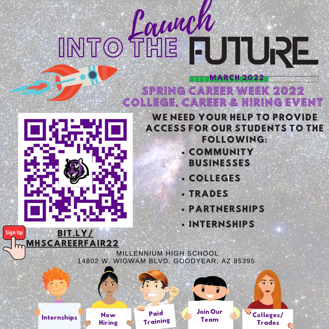 Launch into the Future!

Spring Career Week 2022 College, Career &amp; Hiring Event

Sign up on our Google Form here bit.ly/MHSCareerFair22 (link in bio) or scan the QR code. More details to come!

@mhscounselingandcareer <a href="/mhsstuco1/">MHS Stuco</a> @agua_friauhsd

#MHS #AFUHSD #SpringCareerWeek2022