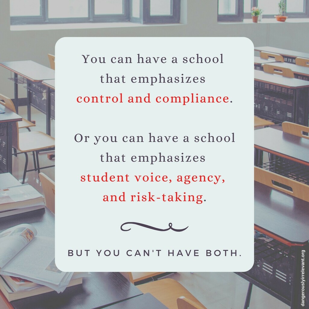 mcleod's tweet photo. You can have a school that emphasizes control and compliance.
Or you can have a school that emphasizes student voice, agency, and risk-taking.
But you can't have both.
#edtech #edchat #edreform #edpolicy #edcolo #suptchat #edadmin #k12 #coronalearn #c… https://t.co/X4gzyFMU1J https://t.co/qoLbO6D15U