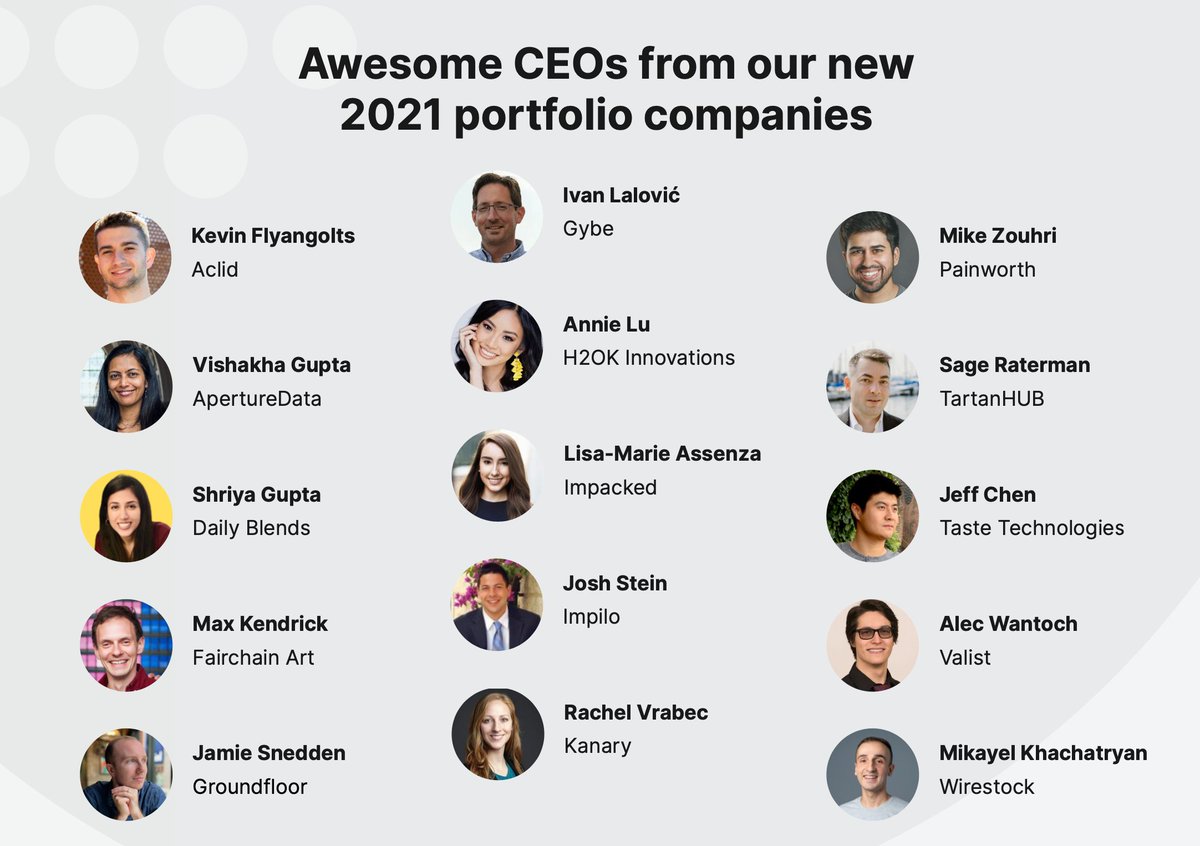 We could not be more thrilled to work with these 15 new talented CEOs and their co-founders to help build biotechnology, AI, analytics, marketplaces, APIs, and more!
