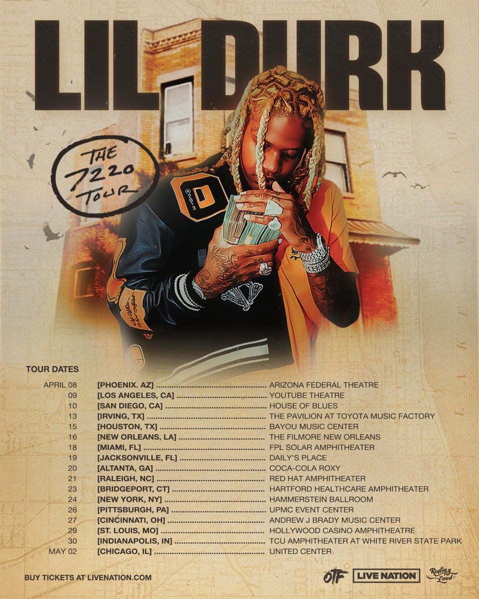 RollingLoud's tweet photo. .@LILDURK 'THE 7220 TOUR'

PRESALE TOMORROW, JAN 13 @ 10AM
Password: ROLLINGLOUD

ON SALE FRIDAY, JAN 14 @ 10AM

RT for a chance to win FREE tickets before they go on sale! https://t.co/OnLAUnoBjR