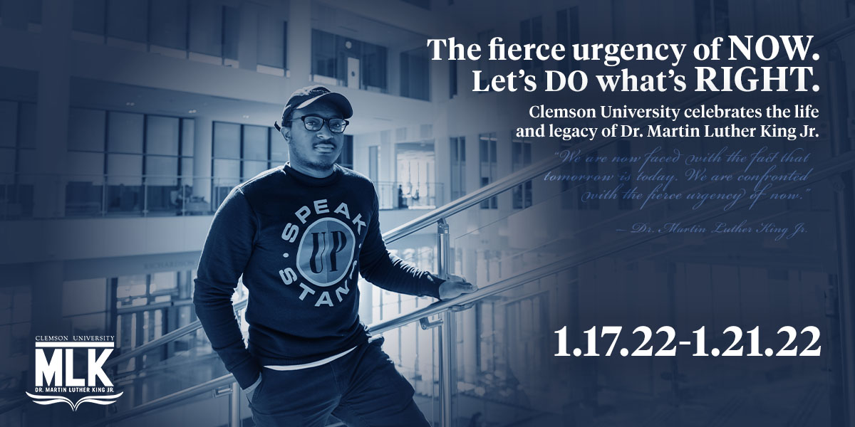 Clemson Gantt Center (@cugantt) on Twitter photo Join the Clemson community to honor the life and legacy of Dr. Martin Luther King Jr. with a special collection of events on Jan 17-22,2022, sponsored by P.A.W. Journey and <a href="/DabosALLINTeam/">Dabo's ALL IN TEAM® Foundation</a>. A schedule of events and registration information can be found at clemson.edu/mlk. Join the Clemson community to honor the life and legacy of Dr. Martin Luther King Jr. with a special collection of events on Jan 17-22,2022, sponsored by P.A.W. Journey and <a href="/DabosALLINTeam/">Dabo's ALL IN TEAM® Foundation</a>. A schedule of events and registration information can be found at clemson.edu/mlk.