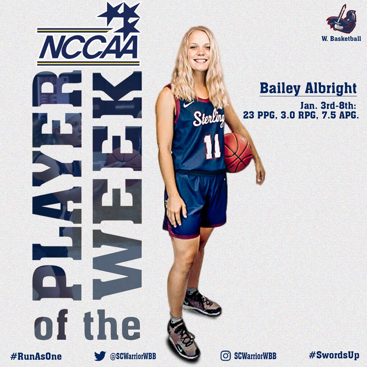 <a href="/kcacsports/">Kansas Collegiate Athletic Conference</a>   🤝   <a href="/TheNCCAA/">NCCAA</a> 

Albright being player of the week.

Congrats to Bailey Albright on being named the NCCAA D1 Women’s Basketball National Player of the week!

#SwordsUp #RunAsOne