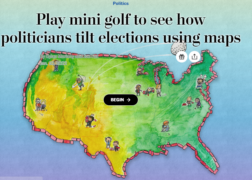 CartoVista's tweet image. Play mini-golf to see how politicians tilt elections using maps. It's here, thanks for the Washington Post!!! Try your hand at reading these carved-up congressional districts by playing them as nine holes of mini-golf.

hubs.la/Q011-Z8r0

#USPolitics #USMaps #Gerrymandering