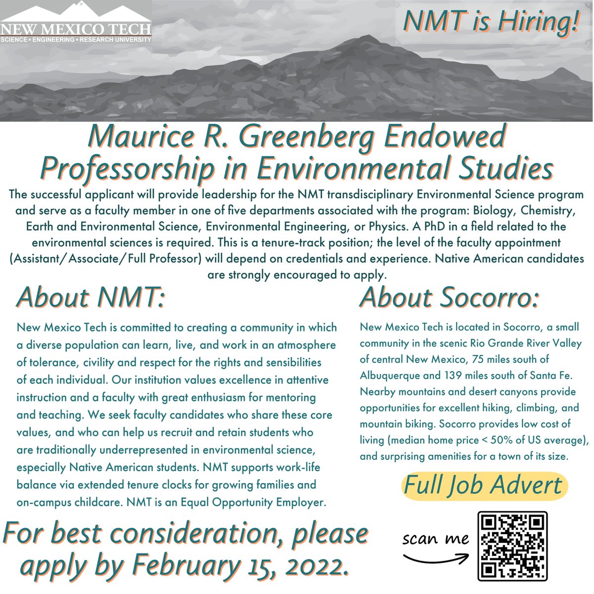 Kate Potter Leary (@astoldbywater) on Twitter photo 🚨Job Alert🚨
Please see the below advert for the Maurice R. Greenberg Endowed Professorship in Environmental Studies at New Mexico Tech
For best consideration please apply by February 15, 2022.
nmt.edu/hr/docs/hr/job…
<a href="/AGU_EPSP/">AGU_EPSP</a> <a href="/AGU_H3S/">AGU Hydrology H3S</a> <a href="/earth_jobs/">Earth and Environmental Science Faculty Jobs</a> <a href="/GeoLatinas/">Latinas in Earth and Planetary Sciences</a> <a href="/AISES/">AISES</a> 🚨Job Alert🚨
Please see the below advert for the Maurice R. Greenberg Endowed Professorship in Environmental Studies at New Mexico Tech
For best consideration please apply by February 15, 2022.
nmt.edu/hr/docs/hr/job…
<a href="/AGU_EPSP/">AGU_EPSP</a> <a href="/AGU_H3S/">AGU Hydrology H3S</a> <a href="/earth_jobs/">Earth and Environmental Science Faculty Jobs</a> <a href="/GeoLatinas/">Latinas in Earth and Planetary Sciences</a> <a href="/AISES/">AISES</a>