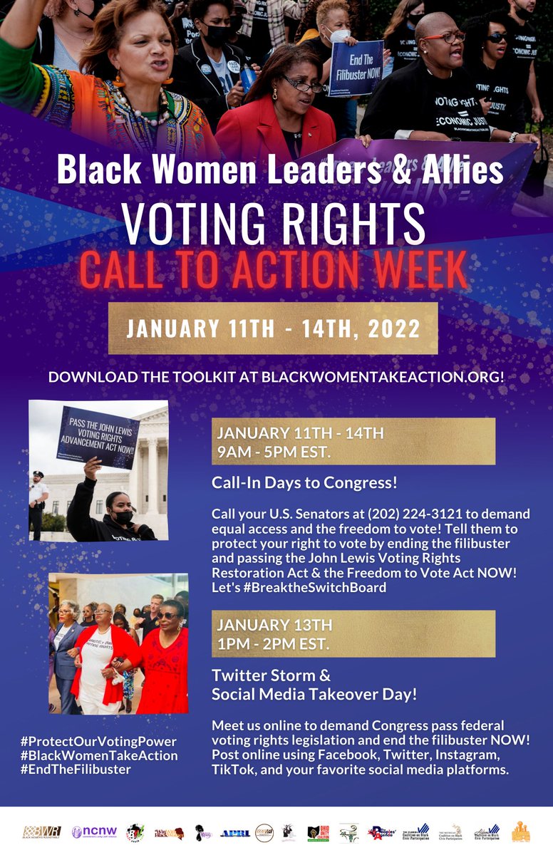 Call your U.S. Senators TODAY at (202) 224-3121 and urge them to pass the John Lewis Voting Rights Restoration Act NOW to save our democracy! For more info on Black Women Take Action visit blackwomentakeaction.org #BlackWomenTakeAction #EndtheFilibuster #ProtectOurVotingPower