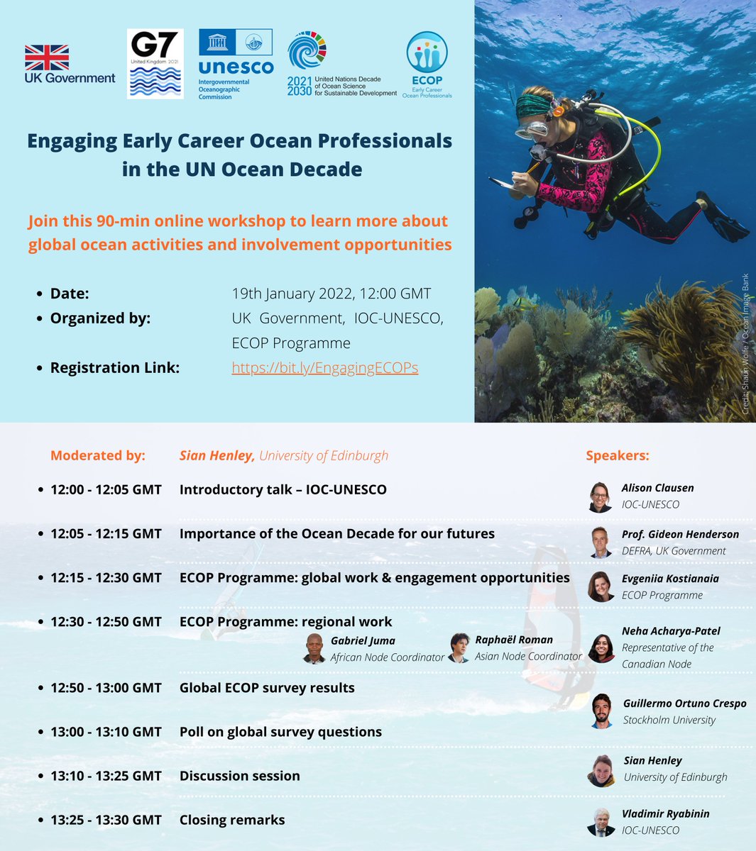 Wondering how to engage in the #UNOceanDecade in 2022?🌊#ECOPs
Save the date📆 and join this free 90-minute online #webinar📝 to learn more about global #ocean activities and involvement opportunities!
Register here: bit.ly/EngagingECOPs  
<a href="/DefraGovUK/">Defra UK</a> <a href="/IocUnesco/">UNESCO Ocean</a>  <a href="/drsianhenley/">Sian Henley</a>