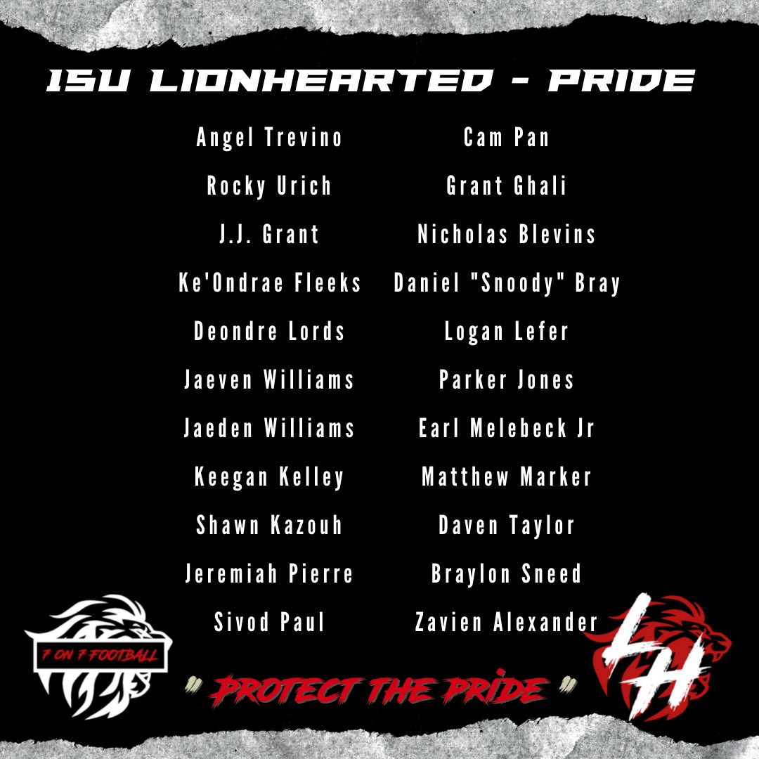 LionHearted7v7's tweet photo. 15U LionHearted - Pride 🔥🦁

Congratulations to the youngins who have accepted their invitation to join #ThePride Experience🔥🔥

It’s about that time we light it up‼️‼️

#ProtectThePride https://t.co/UdwDrUOirN