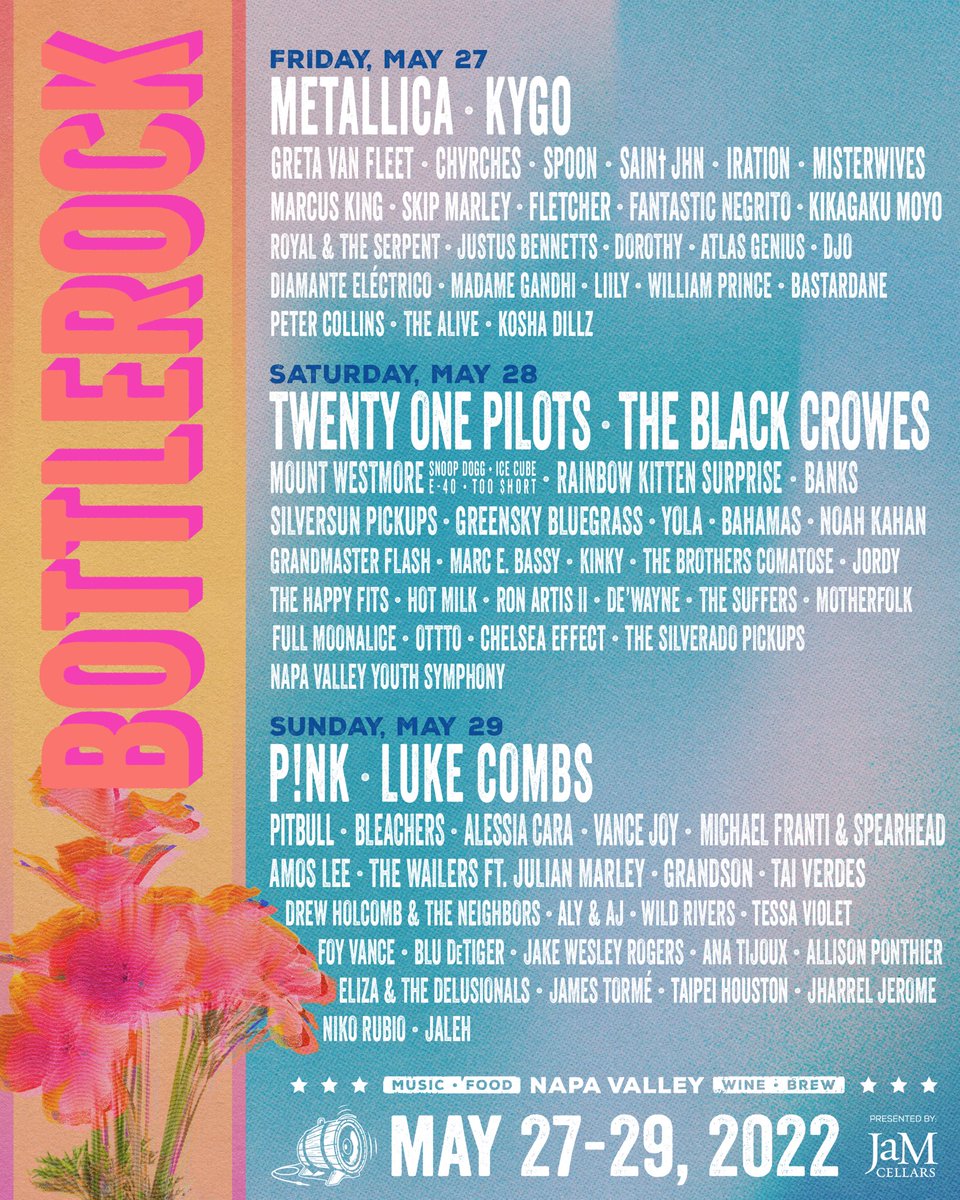 We’ll be playing on Saturday may 28th <a href="/BottleRockNapa/">BottleRock Napa</a> ! Single tickets go on sale tomorrow at 10am. Let us know if you’ll be out there 🍷😎