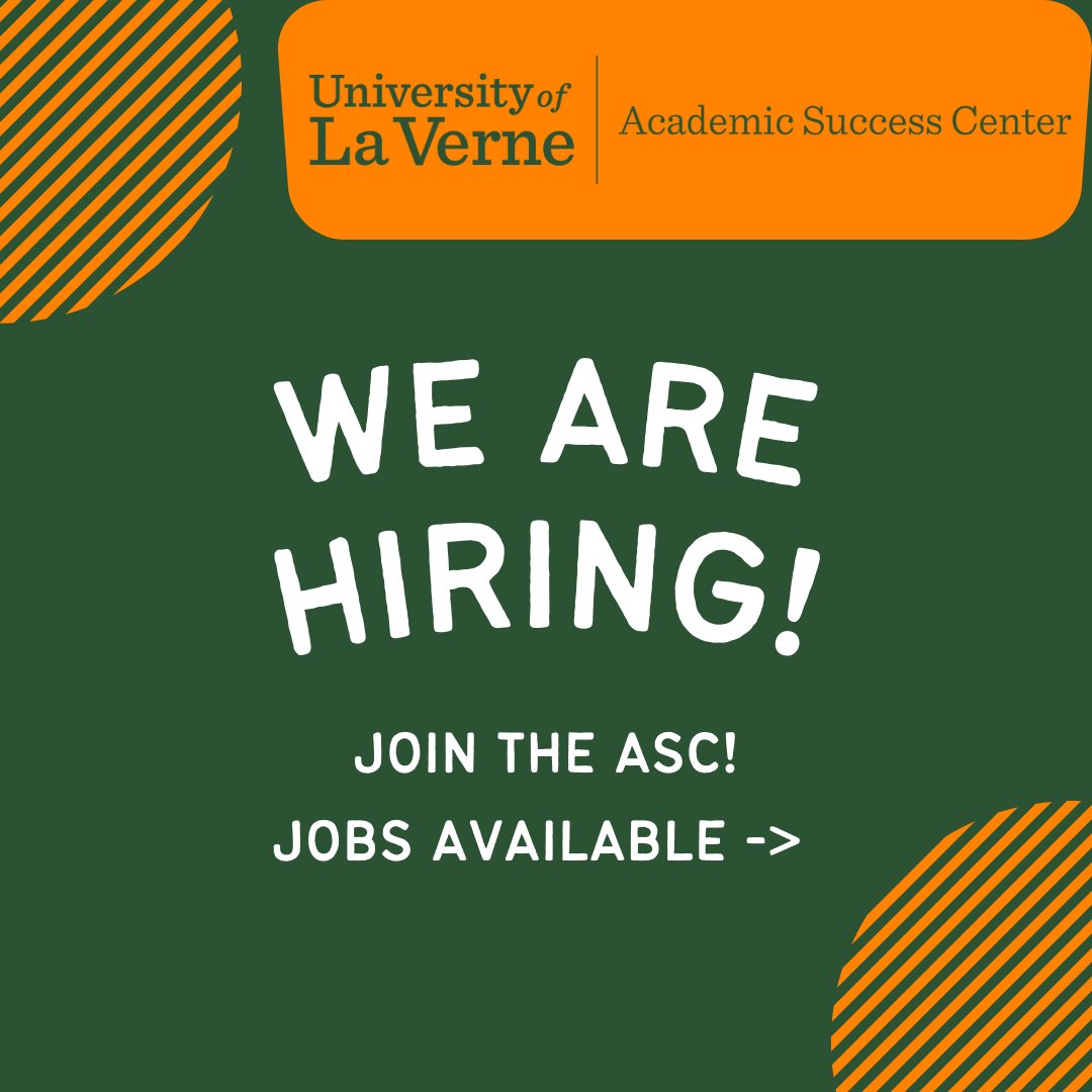 laverneasc's tweet photo. Hello ULV students! The Academic Success Center is now hiring 🤩!

Take a look at what's available and hopefully we'll see you soon! https://t.co/BjbTMspULj