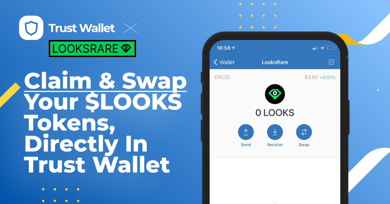 TrustWallet's tweet photo. Connect to https://t.co/Bg9cCGM9pp with your Trust Wallet to claim your $LOOKS tokens and check out this new NFT marketplace.

#HODL or Swap, iOS or Android, we got you.

Here's how👇