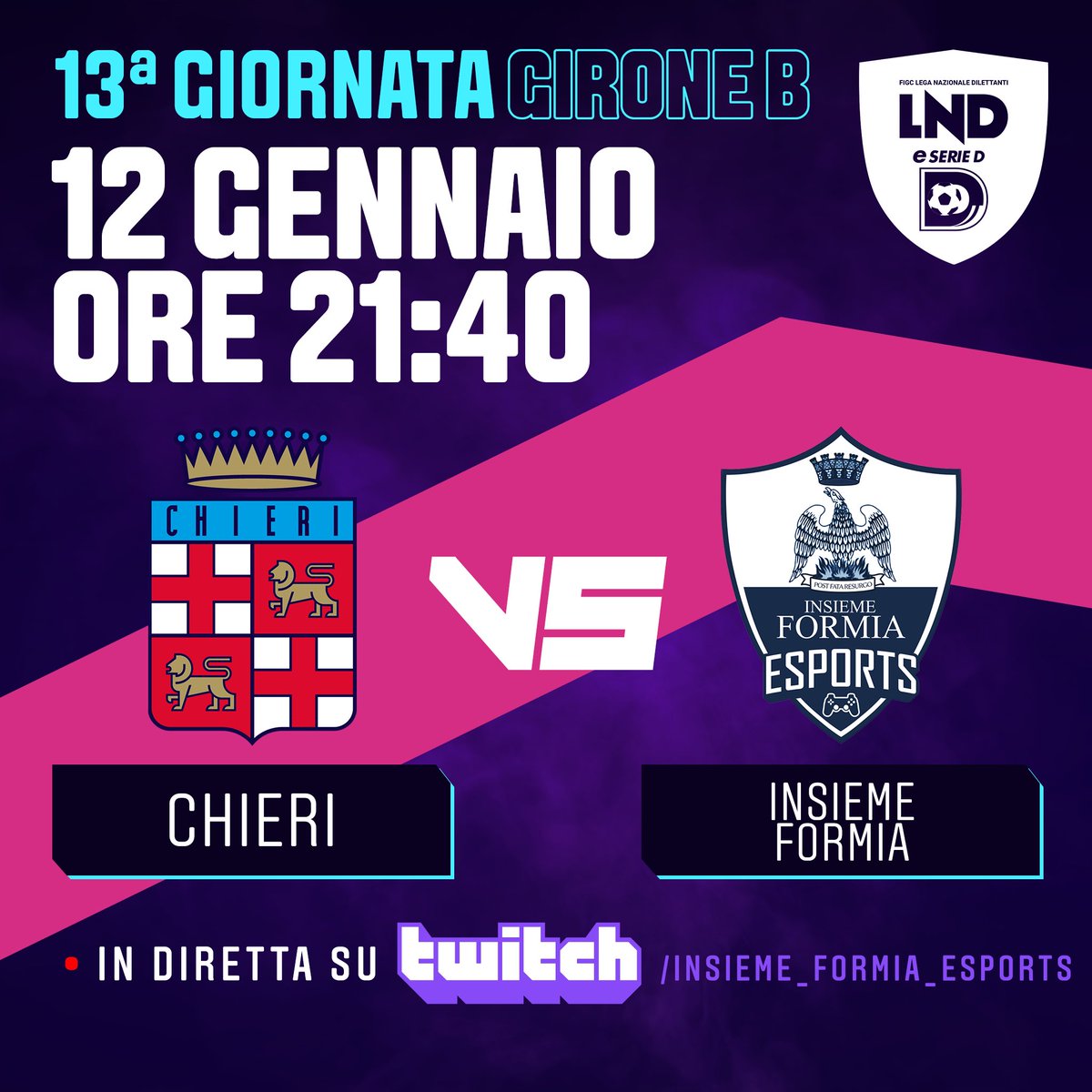⚽️ MATCHDAY

🏆 <a href="/LNDEsport1/">LND Esport</a> eSerie D
🗓 13ª Giornata
🕒 21:40
🆚 @ChieriESports 

📲 Segui la partita IN DIRETTA sul nostro canale Twitch ➡️ twitch.tv/insieme_formia