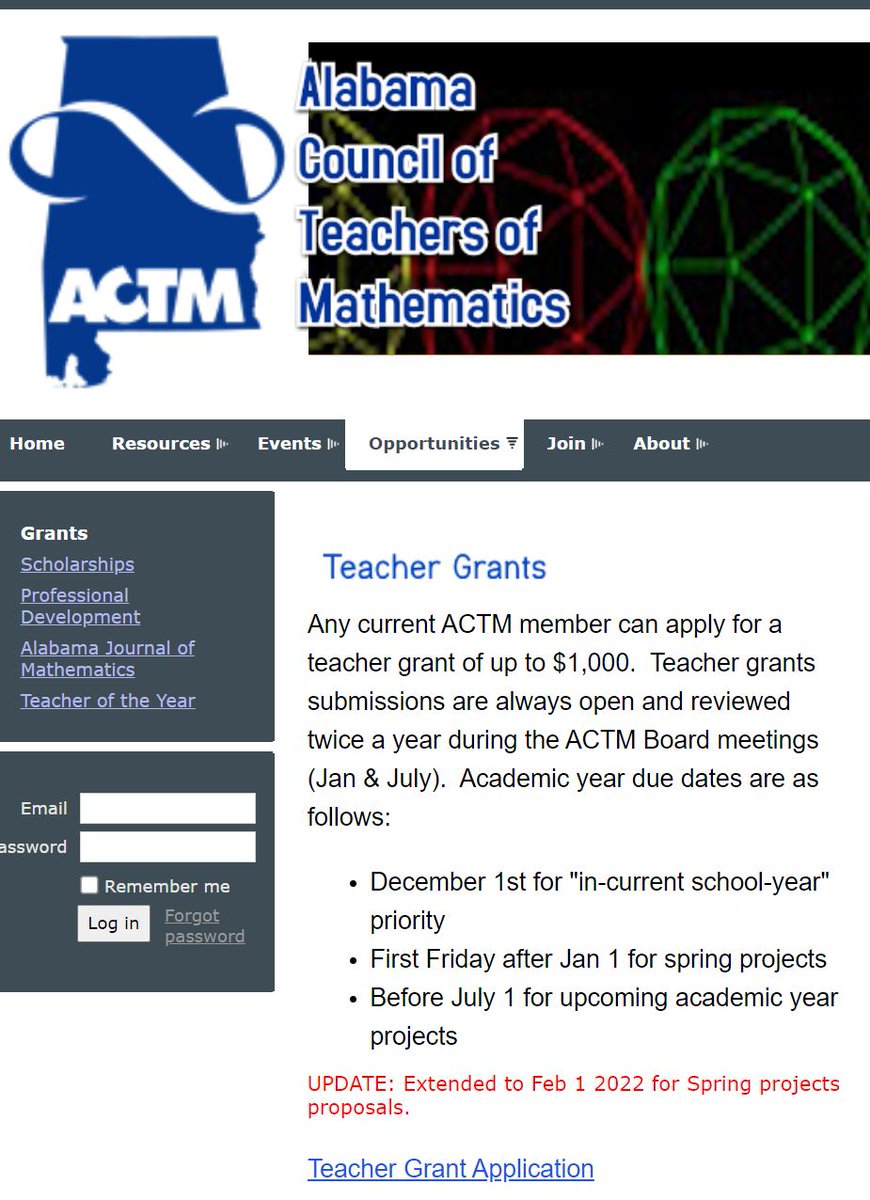 Do you need $1000 to fund a mathematics related educational project?  Take advantage of this grant opportunity from <a href="/alabamaACTM/">ACTM</a>.  Submit a teacher grant proposal to obtain your project materials. The deadline is extended to February 1st.  <a href="/AMSTI4all/">AMSTI</a> <a href="/AlabamaAchieves/">Alabama State Department of Education</a>