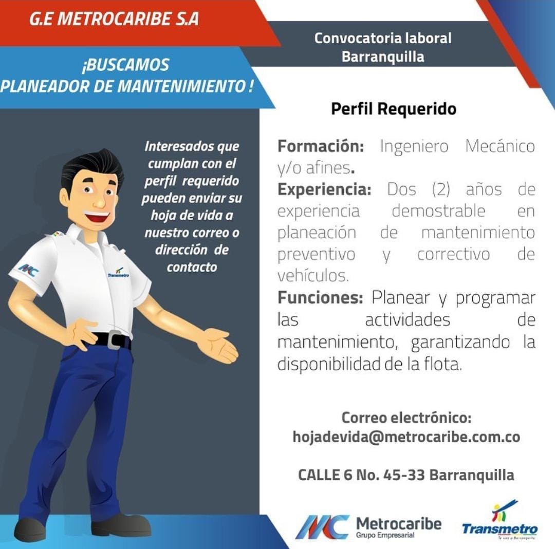 En Metrocaribe estamos en la búsqueda de un Planeador de Mantenimiento. Si cumples con los requisitos, envíanos tu hoja de vida o comparte esta publicación para que llegue a más personas. #TrabajoSiHay #Barranquilla  #Vacantes 💙❤️
