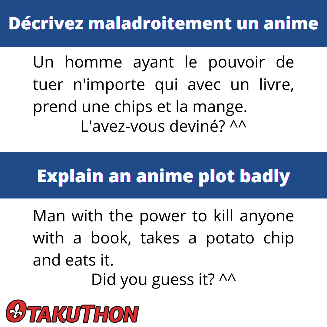 otakuthon's tweet photo. C'EST L'HEURE DE JOUER!π΅οΈ
RΓ©sumez un anime le plus maladroitement possible et laissez les autres en deviner le titre!
β¨β¨β¨
TIME TO PLAY!π΅οΈ
Describe an anime as badly as you can and let others guess the title!
#Otakuthon #anime #guesstheanime #otakuanime #ExplainAPlotBadly https://t.co/9uMxT2tJts