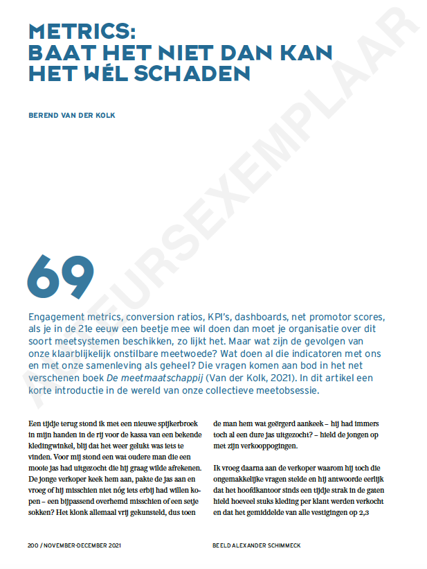 Nu online bij Holland Management Review (<a href="/hmr_nl/">Holland Mngmt Review</a>): "Metrics: baat het niet dan kan het wel schaden"

Hoe en waarom kpi's, indicators en metingen onbedoeld schade kunnen berokkenen aan een organisatie - op basis van het boek De Meetmaatschappij.

Link: hmr.nl/product/metric…