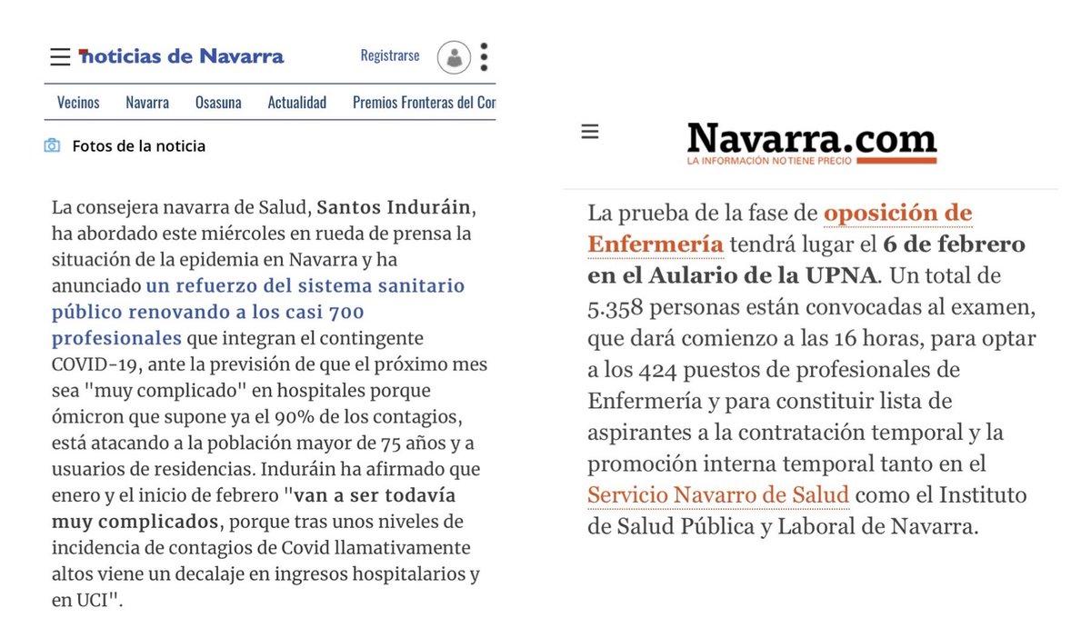 Ohihane's tweet photo. Dos noticias del mismo día. En la primera la consejera de @salud_na dice que el próximo mes será MUY complicado. En la segunda, en ese mismo mes, más de 5000 enfermeras, nos vamos de examen. #colofónfinal @Coenav https://t.co/UOZfMsmpFt