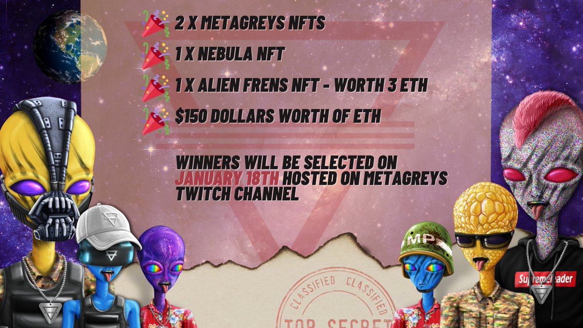 MetagreysNFT's tweet photo. @MetaGreysNFT is teaming up with @Nebula1NFT
To celebrate - we're doing giveaways!

1⃣ Follow/RT (Both Projects)
2⃣ Join us at:

https://t.co/jvgALeCqke
&amp;
https://t.co/JdmsqS0j1Q

3⃣ Be a MetaGreys Holder for better odds! 👽
4⃣ @ 3 friends

#NFTCommunity #NFTs #ETH #NFTGiveaway https://t.co/XgfiNIZVbe