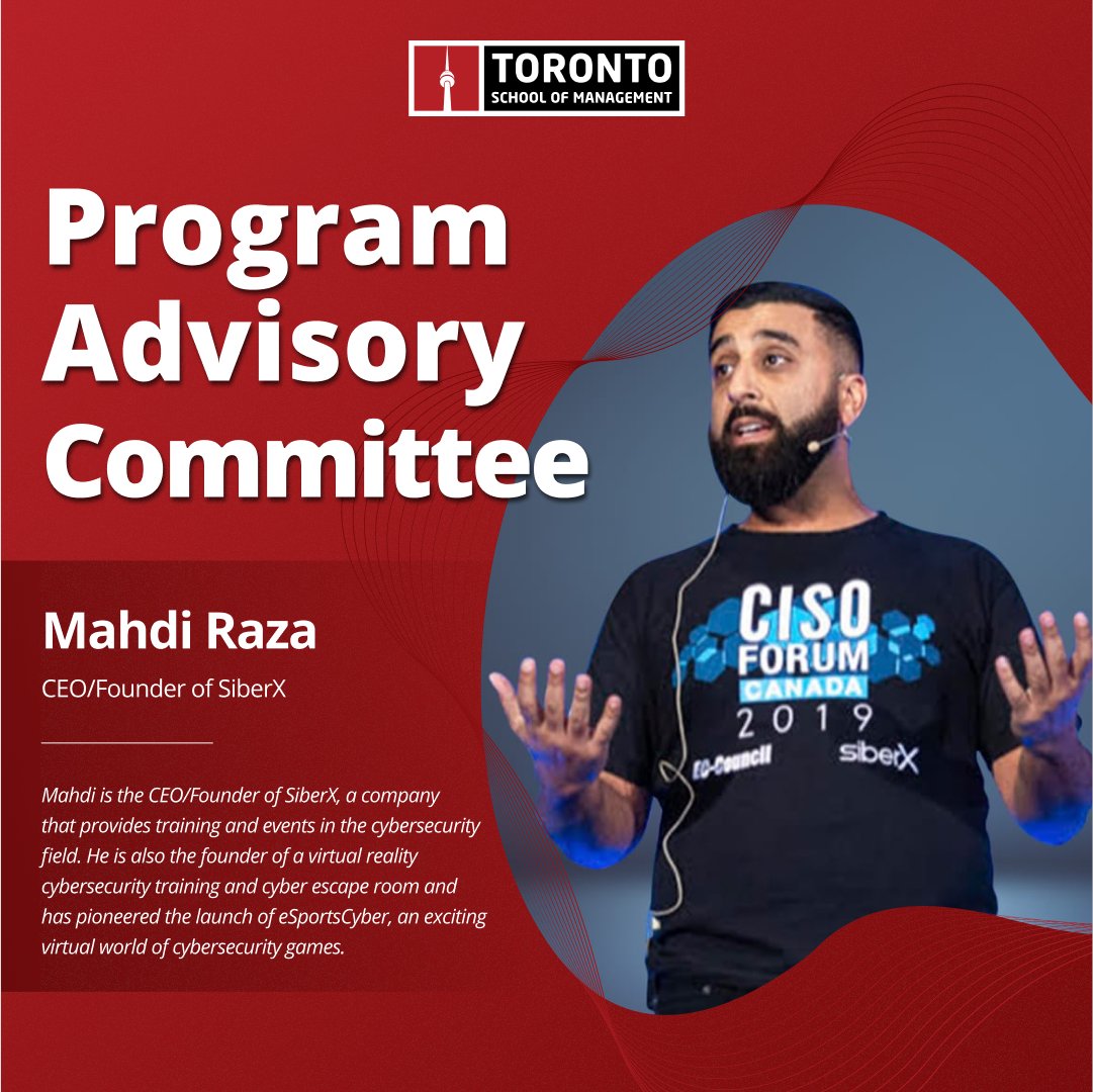 TorontoSoM's tweet photo. Mahdi Raza is the founder and CEO of siberX, a company that provides training and events in the cybersecurity field and is responsible for its executive leadership and managing its growth.
#TSoM #myTSoM #PAC #ProgramAdvisoryCommittee #industryexperts #InformationTechnology #IT https://t.co/HkQw9fAMev