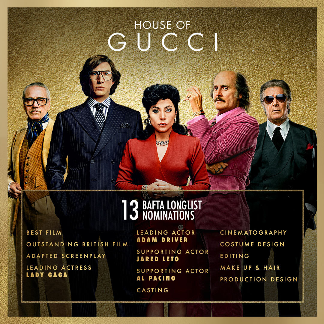 HouseOfGucciMov's tweet photo. #HouseOfGucci has been longlisted for #EEBAFTAs in 13 categories. Thank you for the love, @BAFTA! ❣️
#MGMStudios #LadyGaga #AdamDrive #JaredLeto #JeremyIrons #AlPacino https://t.co/AC7v8qHtjb