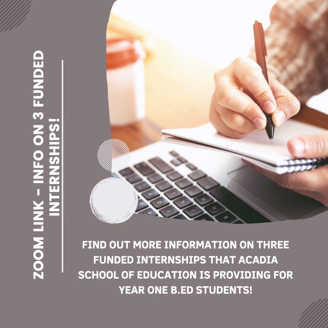 AUSchoolofEd's tweet photo. Here is a reminder for a great opportunity!!!! School of Education is pleased to announce that we are offering 3 funded  internships
Topic: B.Ed. Mitchell Internship Info. Meeting
Time: Jan 18, 2022 12:00 PM Halifax

Join Zoom Meeting
https://t.co/ucnmiCehe5 https://t.co/FZ9V0KaWDh