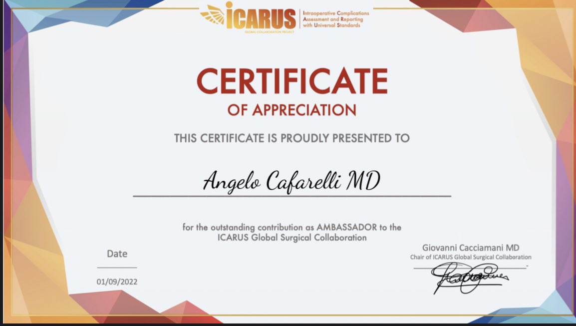 🚨Thrilled to be involved as <a href="/ICARUS_collab/">ICARUS Global Surgical Collaboration Project</a> #Ambassador for standardizing the assessment of #intraoperative adverse events to create a positive culture of reporting errors in #surgery &amp; #anesthesiology 
<a href="/Some4SurgeryIT1/">@Some4SurgeryITeam</a> @SoMe4Surgery
<a href="/Cacciamani_MD/">Dr. Giovanni E Cacciamani MD MSc FEBU 🇮🇹🇺🇸🇪🇺</a>