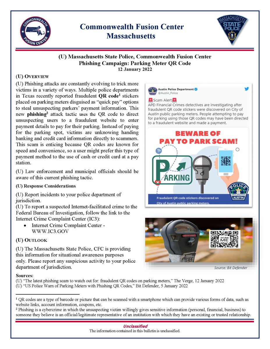 Beware of a new scam using QR codes on Parking Meters. See the attached bulletin for more information