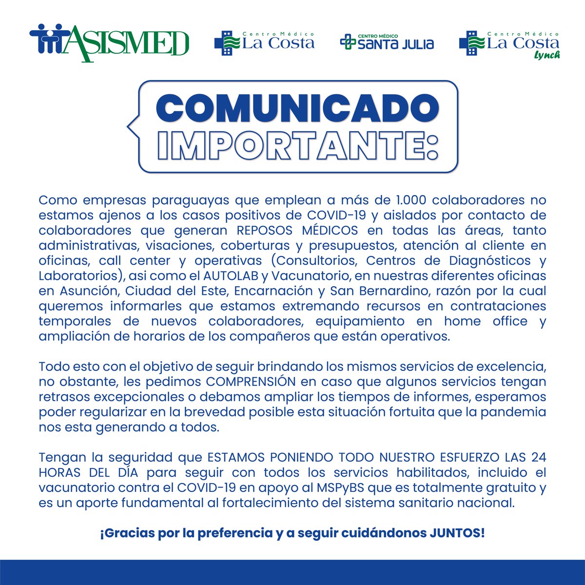 AsismedPy's tweet photo. Atención📍

¡Comunicamos a todos nuestros beneficiarios e instamos a seguir cuidándonos juntos!

#Asismed #TeCuidamos #Atencion #Comunicado https://t.co/IBB9rrquol