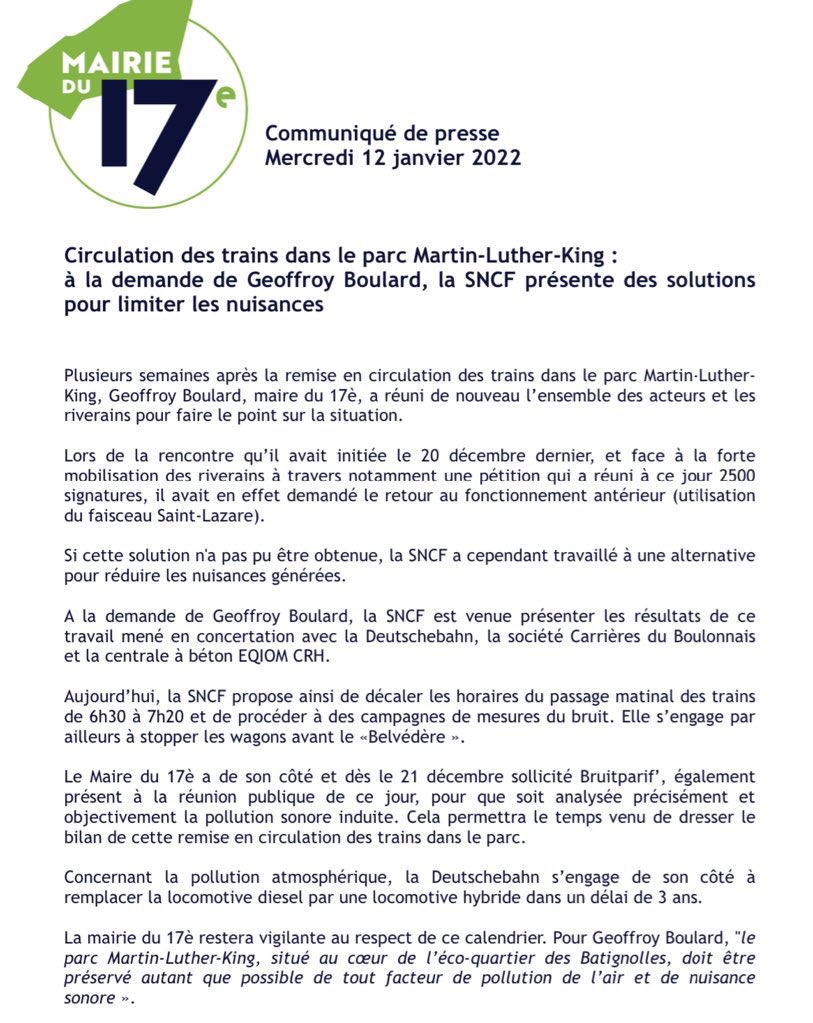 Mairie17's tweet photo. COMMUNIQUÉ DE PRESSE] Circulation des trains dans le parc Martin-Luther-King #Paris17 : à la demande de @geoffroyboulard la @SNCF présente des solutions pour limiter les nuisances. https://t.co/Vuh0qKu8Gr