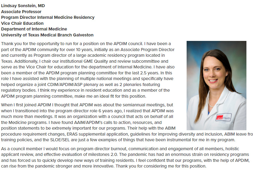 So humbled and honored to have a position on the <a href="/AAIMOnline/">AAIM</a> ballot for APDIM councilor.  Such an amazing community with excellent candidates - please vote! #mededtwitter