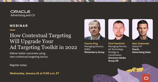 BeckyBrann's tweet photo. Want to level up your #ad targeting strategy in 2022? If yes, you don't want to miss this webinar on #ContextualTargeting featuring @WinterberryGrp @OmnicomMediaGrp, @OracleAdvertising on January 26. Register today: https://t.co/WIfhddlL37 https://t.co/kWh5ZfuLVF