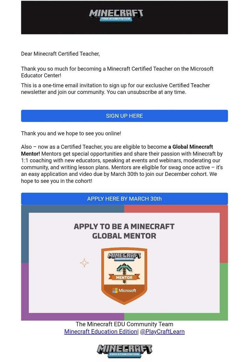 #minecraftcertifiedteacher #MinecraftEducationEdition #MIEExpert #MicrosoftEdu #MicrosoftTeams <a href="/Microsoft/">Microsoft</a> <a href="/MicrosoftEDU/">Microsoft Education</a> <a href="/PlayCraftLearn/">Minecraft Education</a> <a href="/Mincraft_Update/">Minecraft Updates</a> 
I'am a Minecraft Certified Teacher on the Microsoft Educator Center! 🥳🥳🥰😍