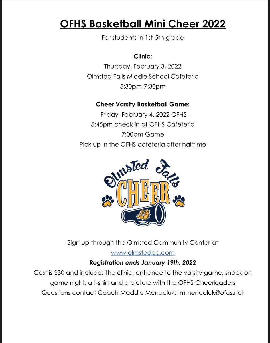 MINI CHEER IS HERE!! We can’t wait to see all our our basketball mini cheerleaders in a few short weeks💙💛

Registration is open until January 19th so sign up today at olmstedcc.com