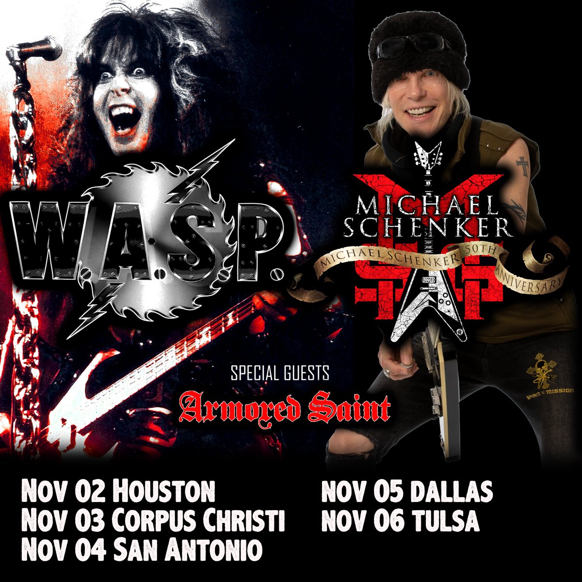We will play the following shows with WASP and Armored Saint in November 2022:

02. Houston, TX 
03. Corpus Christi, TX
04. San Antonio, TX
05. Dallas, TX
06. Tulsa, OK

Full 50th Anniversary US Tour dates to be announced soon. Looking forward to play live in North America again!