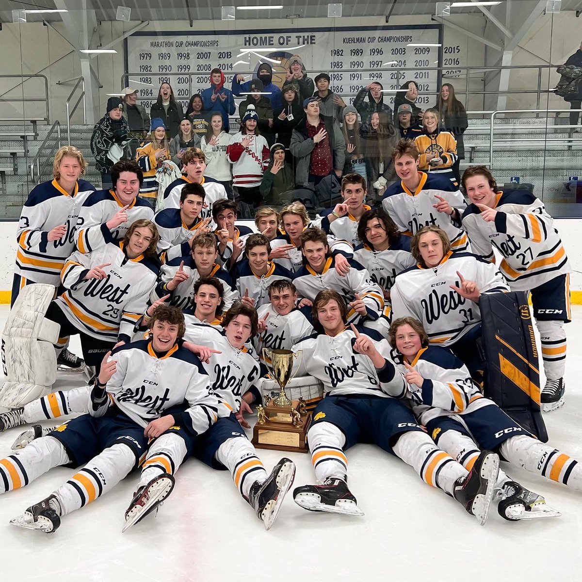 WW_Hockey's tweet photo. Celebrating another Kuehlman Cup with a 9-0 win over EMU last night at Marathon Park! Congrats on the shut out Colin and on your first varsity goal Ayden!!🏆 🏒🥅 #WWHOCKEY #PushPull #BackInBusiness https://t.co/0RwQoUsStR