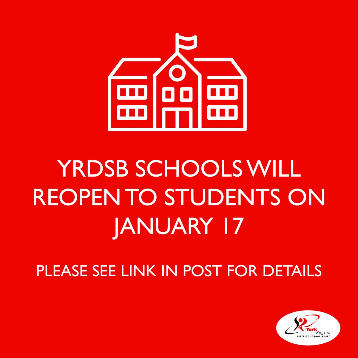 Earlier today, the Ontario Ministry of Education announced that all schools will reopen to in-person learning on Monday, January 17. 

Please see this message for more information: www2.yrdsb.ca/schools-reopen…
