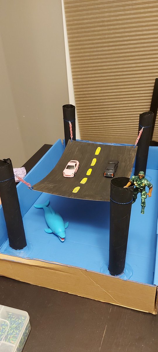 Kayla_R_Collins's tweet photo. My daughter had a project to build a bridge out of houshold materials.  We used paper towel rolls, loom, small hooks and cardboard.  Completed with paint (her brother and sister helped with this part too) and special props from the toy box.

I hope I (errr, SHE) gets an "A" 💕 https://t.co/KssHPN6rJW