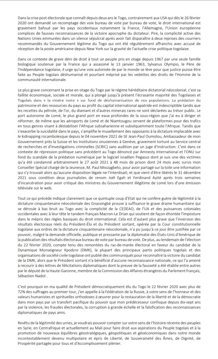 #Togo Crise post électorale  le PR saisit le President Poutine